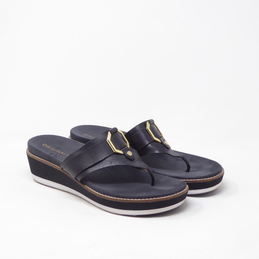 Cole Haan Flatform Original Grand Wedge Sandals Black Leather Thong Gold 9B